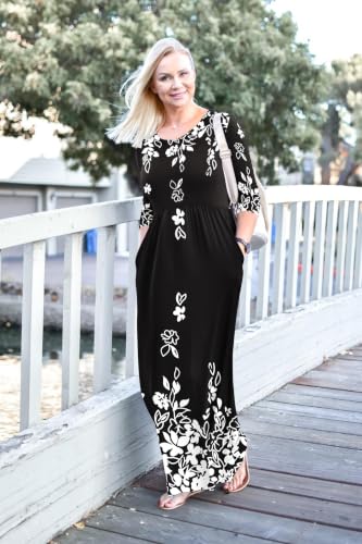 Image of WNEEDU Women's 3 /4 Sleeve Casual Loose Long Maxi Dresses with Pocket