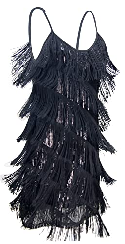 Image of Women 1920s Gatsby Flapper Dress Sexy Open Back Strap Fringed Cocktail Party Dress with 20s Accessories