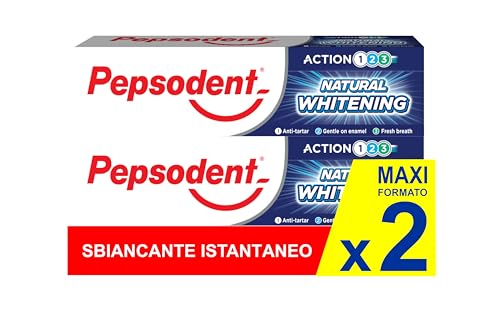 Pepsodent Dentifricio sbiancante naturale al fluoro e calcio per denti più bianchi in una settimana 75 ml (pacco da 2x75ml)