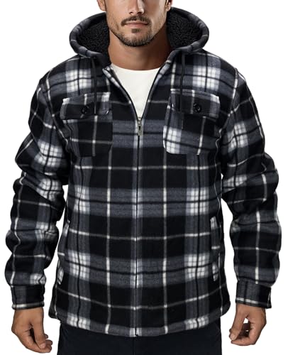 Men's Flannel Jacket Hoodie Full Zip Up Plaid Thick Fleece Sherpa Lined Sweatshirt Winter Warm Coats