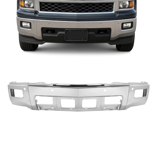 KUAFU Front Bumper Face Bar Compatible with 2014-2015 Chevy Chevrolet Silverado 1500, With Fog Light&Parking Aid Sensor Holes Bumper Cover Impact Bar Replacement for 23173678 GM1002845 Chrome 3Pcs