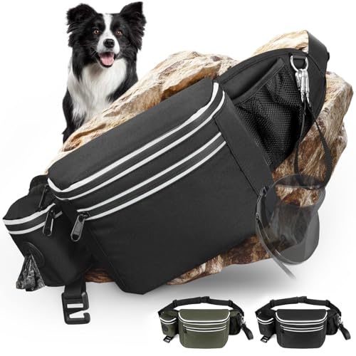 Hundebauchtasche mit Kotbeutelspender & Flaschenhalter, Leckerli Tasche für Hunde Training, Gassi Tasche mit D-Ring, Reflektor & verstellbarem Gurt, Bauchtasche Hund für Spaziergang Joggen Wandern