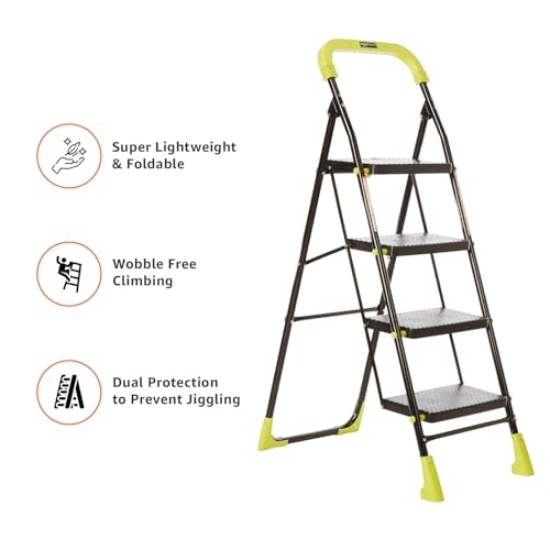 Image of Amazon Basics Dynamo - Foldable Step Ladder, Safety Clutch Lock, Anti Slip Steps, Knee Guard, Anti Skid PVC Shoes, 4 Steps (Steel, Black & Lime Green)