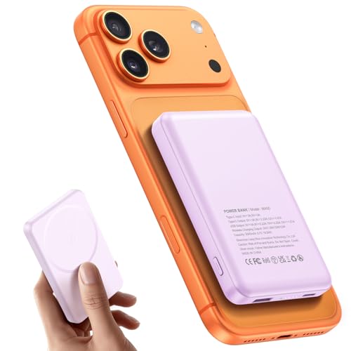 Aterob for Magsafe Power Bank 5000mAh, 15W Wireless Magnetic Battery Pack with 20W PD Fast Charging, Utra-Slim Portable Charger for iPhone 17/16/15/14/13/12 Series, Travel Essentials (Purple)