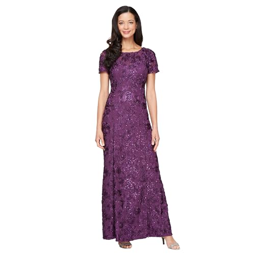 Image of Alex Evenings Women's Long Rosette Mother of The Bride Dress with Short Sleeves
