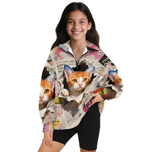 Image of AmzPrint Girls Graphic Quarter Zip Coat Long Sleeve Lightweight Oversized Athletic Running Hoodies For Kids Teen Girls