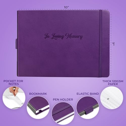 Image of Skyline Funeral Guest Book, Sign In Name & Address, Hardcover Purple | 10 inchx7 inch, Elegant sign-in guestbook for memorial service & celebration of life with large signature space, Memory book