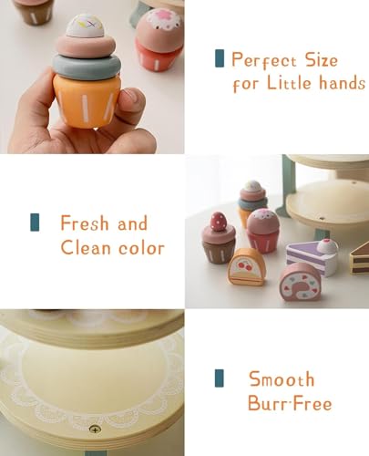 Image of BLiSS HUES Wooden Cupcake Stand- 8 Pcs Toddler Tea Set & Food Pretend Play Accessories- Kitchen Playset for Kids