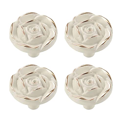 MOROBOR Antique Rose Flower Cabinet Knobs, 4pcs Vintage Zinc Alloy Handles Ivory White Drawer Handle Knobs for Dresser Cabinet with Mounting Screws(Golden Edge)