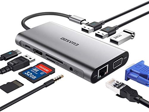 USB C Hub, USB C Adapter, EUASOO 10 in 1 Type c Hub with 1000M RJ45 Ethernet, 4K HDMI, VGA, USB 3.0 Ports, PD 3.0 Charging Port, TF/SD Card Readers, Audio Mic Port for MacBook, Chromebook and More