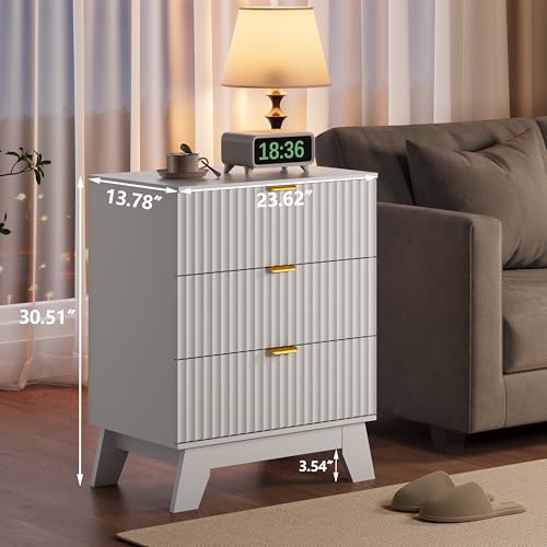 Image of Fluted Nightstand Sets of 2 with 3 Large Drawers, Wooden Side End Table with Elevated Legs for Easy Cleaning, Sturdy Modern Beside Table for Small Space, Bedroom, White, 24 inch L