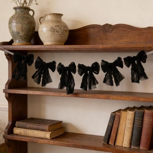 Image of MLMC Black Bow Garland Banner Handmade Cheesecloth Bow Wreath Party Hanging Decorations for Wedding Birthday Bridal Shower Gothic Party Decor