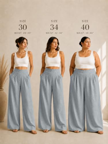 Image of Womanista Cotton Linen Flared Palazzo Pants for Woman | Wide Leg Casual Trousers with Pockets | Loose fit Plazo Pants for Women | High Waist Office wear (Available in Plus Sizes)