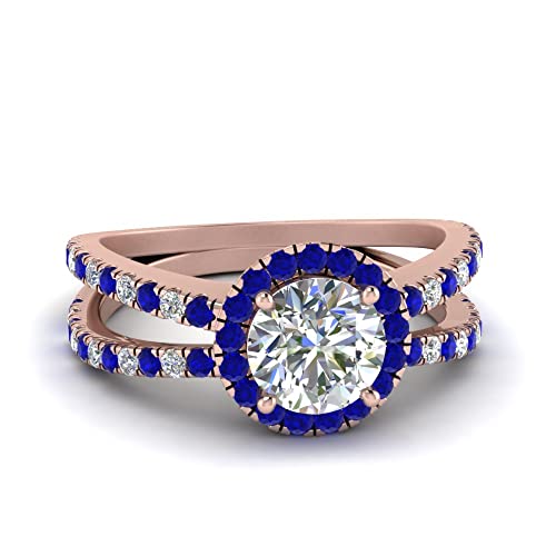 Image of 55Carat Choose Your Gemstone Reverse Split Shank Halo Diamond CZ Ring Rose Gold Plated Round Shape Halo Engagement Rings Matching Jewelry Wedding Jewelry Easy to Wear Gifts US Size 4 to 12
