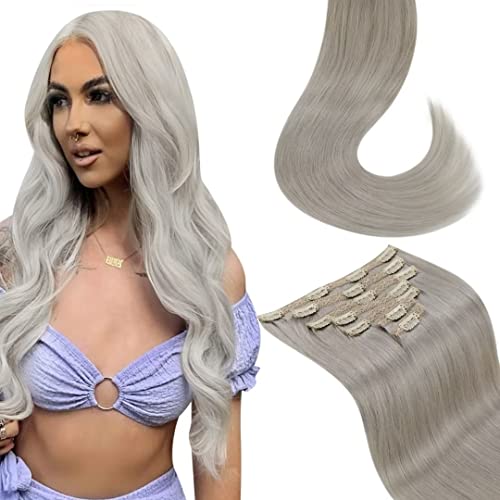 LAAVOO Human Hair Clip in Hair Extensions Grey 18 inch 120g/7pcs Clip in Hair Extensions Real Human Hair Full Head