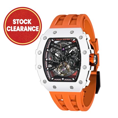 Image of TSAR BOMBA Men's Automatic Watch Tonneau Luxury Skeleton Watches for Men Mechanical 50M Waterproof Analogue Watches Mens Unique Cool Square Big Face Dial Wristwatch with Silicone Strap Band