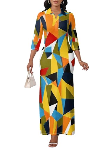 Image of PinkPatty Women's Casual 3 /4 Sleeve Polo V Neck Bodycon Maxi Dress | Semi formal, modest style, long fitted, versatile for church, work, business, office and daily wear