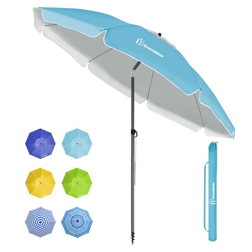 Grandekor Parasol de Plage, Parasol de Jardin Exterieur, UV50+, Ombrelle réglable en Hauteur et Inclinaison, avec Ancre de Plage de 12cm, pour Plage, Balcon & terrasse, 200cm, Bleu Ciel