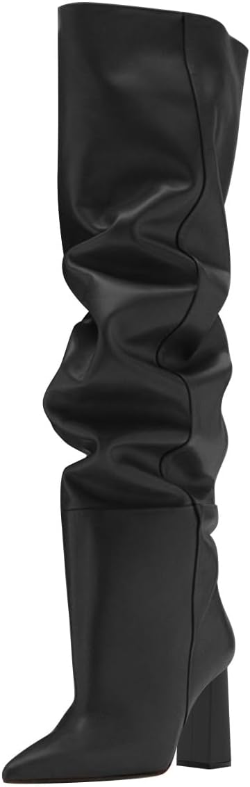 FOWT Women Pointed Toe Over the Knee Boots Slouchy Wide Calf Pull on Long Boots Chunky Block High Heel Shoes Size 4-16 US