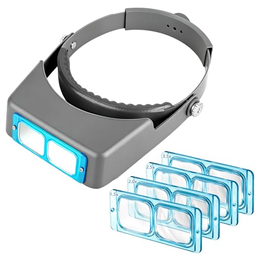 SUNJOYCO Head Mount Magnifier Headband Magnifying Glasses 1.5X 2.0X 2.5X 3.5X Headband Magnifier with 4 Optical Glass Lenses Jewelers Visor for Close Work Reading Sewing Watch Repair DIY Crafts