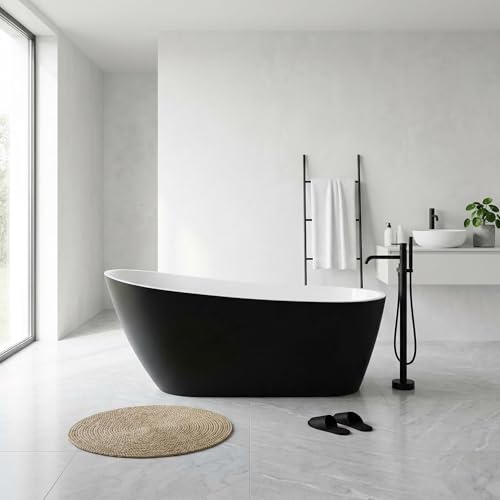 59" Acrylic Freestanding Bathtub, Contemporary Double-Walled Insulated Soaking Tub with Anti-Clog Drain & Overflow, cUPC Certified Heavy-Duty Resin Reinforcement, Black