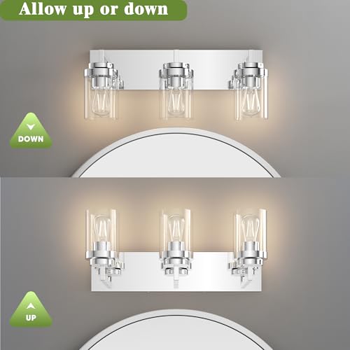 Image of Chrome Light Fixtures, 3 Light Bathroom Vanity Light with Clear Glass Shade, 22in Modern Vanity Light, Bathroom Lighting Fixtures Over Mirror for Living Room