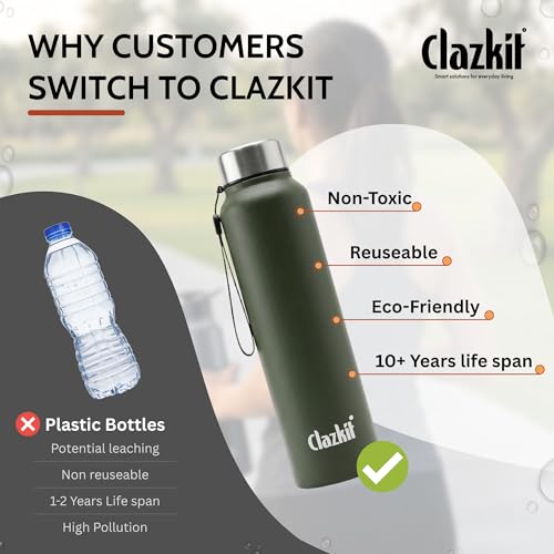 Image of Clazkit Alpha Pro Classic Stainless Steel Water Bottle Single Wall 1000ml| Lightweight, Leak-Proof, Reusable | Ideal for School Kid, Office, Gym & Travel | Green