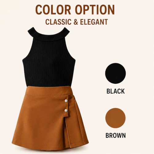 Image of RIYANSHI Girls Halter Neck Ribbed Top with A-line Skirt Set | Cotton Blend, 2 Piece Outfit, Button Detail, Ages 1-10 Years, Casual Wear