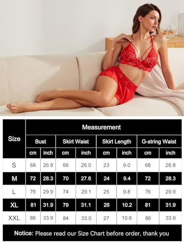Image of CRIPOM Sexy Lingerie for Women Naughty 3 Piece Lace Bralette, Mini Skirt with G-String Crotchless Lingerie Outfits