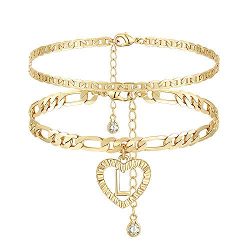 YANODA Initial Ankle Bracelets for Women 14K Gold Plated Layered Figaro Chain Letter Initial Anklets Handmade Layered Heart Ankle Bracelets Personalized Jewelry for Women L