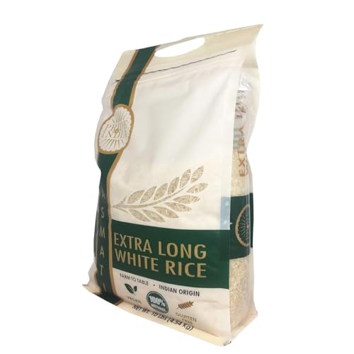 Pride Of India - Extra Long Indian Premium White Basmati Rice, 10 Pound (4.54 Kilo) Reclosable Bag - Naturally Aromatic, Aged, Flavorful, Slender, Non Sticky Grains - Great Value for Money
