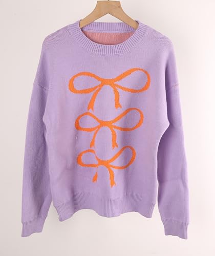 Image of Women Cute Bow Knit Sweater Y2k Long Sleeve Crew Neck Knitted Pullover Top Oversized Going Out Fall Winter Knitwear