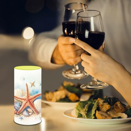 Image of LED Flameless Candles Battery Operated with Remote Timer Realistic Electric Candle Pillar Lights 12 Color Changing for Indoor Outdoor Coastal Home Decoration, Starfish Seashell Retro