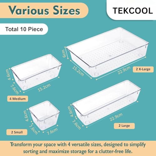 Image of Rylan Set of 10 Drawer Organiser /Unbreakable Drawer Organizer /Dressing Table Organizer /Multi-Purpose Storage Boxes /Drawer Divider Tray for Kitchen /Bedroom /Office - (Clear Transparent)'