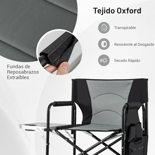 Miniatura 4 de Goplus Silla Alta De Director, Silla Plegable Para Maquillaje Con Mesa Lateral, Portavasos, Bolsillo De Almacenaje, Bolsa De Malla Y Reposapiés, Carga150 Kg, Ligera Para Camping Negro Gris