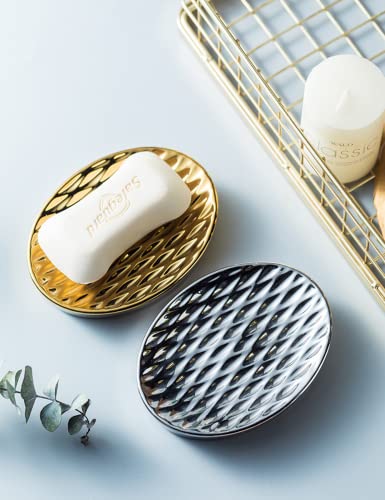 Soap Dish, Silver Decorative Ceramic Bar Soap Tray For Bathroom, Shower Soap Holder For Vanity, Countertop, Sink, Soap Bar For Kitchen Sponge (W004S) #TOP3