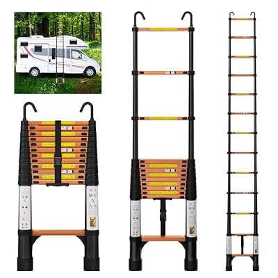 EvaStar 12.5FT Telescoping Ladder, Aluminum Lightweight Extension Ladder w/Hooks & Stabilizers, 330lbs Capacity Collapsible Ladders, Extension Telescopic Ladder for Home, Outdoor, RV - Orange & Black