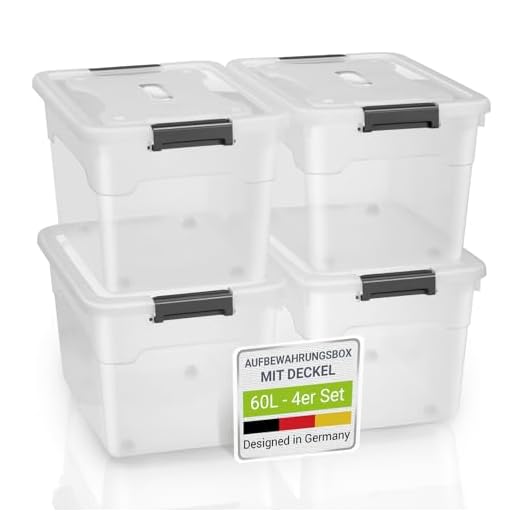 Juskys Aufbewahrungsbox mit Deckel - 4er Set Kunststoff Boxen 60l - Box groß, stapelbar, transparent - Aufbewahrung Ordnungssystem Aufbewahrungsboxen
