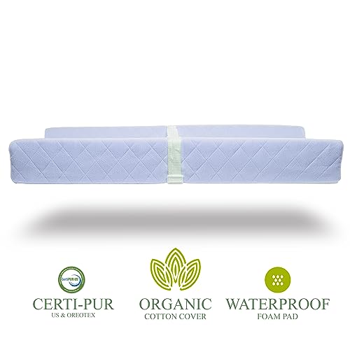 Organic Cotton Contoured Baby Changing Pad w/Waterproof Foam Mattress, includes Soft, Removable & Washable Cover, Safety Strap, Non-Slip Bottom, Topper for Standard Size Infant Diaper Table & Dresser