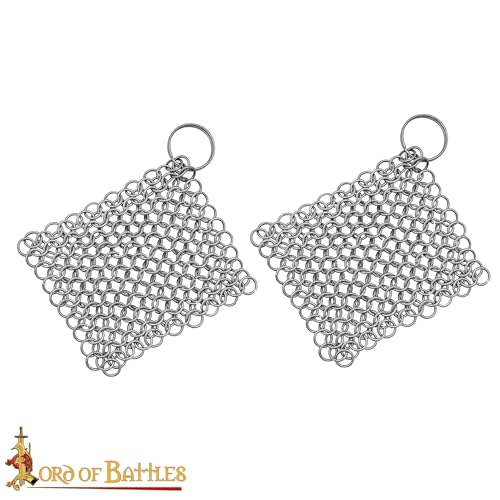 Image of Lord of Battles Stainless Steel 10x10cm Chainmail Scrubber | Medieval Stainless Steel Cleaner for Cast Iron Pre-Seasoned Pans, Griddles, BBQ Grills and Pot Cookware Cleaning (10x10cm - Set of 2)