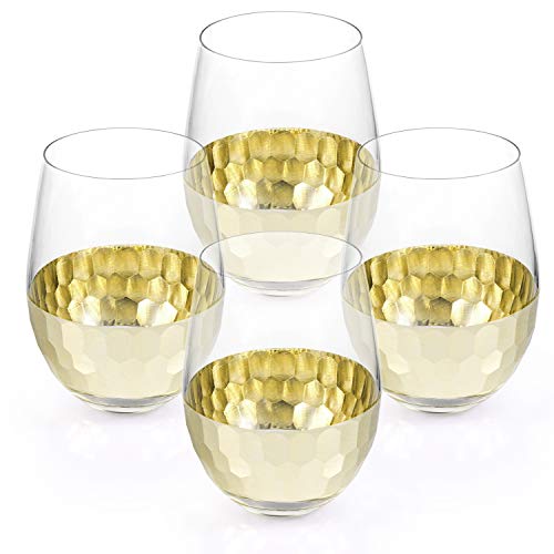 Mygift 18 Oz Stemless Wine Glasses Set Of 4 With Gold-Tone Hammered Design #TOP5