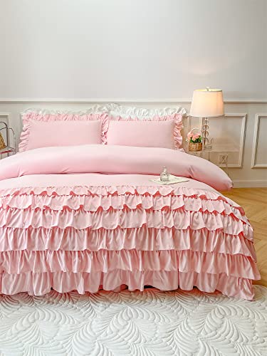 Moowoo Waterfall Ruffle Duvet Cover Queen,Light Pink 3 Piece Shabby Chic Bedding Solid Color Soft And Breathable With Zipper Closure & Corner Ties #TOP5