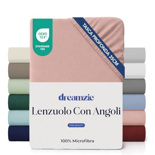Dreamzie Lenzuolo Con Angoli Una Piazza E Mezza 140X200 Cm - Angoli Da 35 Cm Per Materassi Spessi - 100% Microfibra - Rosa Chiaro, Certificato Senza Prodotti Chimici (Oeko-Tex)-image