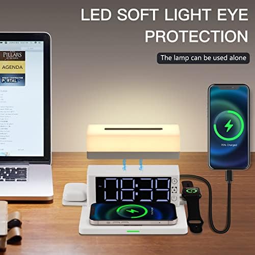 5 in 1 Wireless Charging Station,LED Desk Lamp with 15W Max Wireless Charge Compatible with iphone/iWatch/Airpods,LED Clock with Charging Block for Multiple Devices,Table Lamp/Night Light for Bedroom