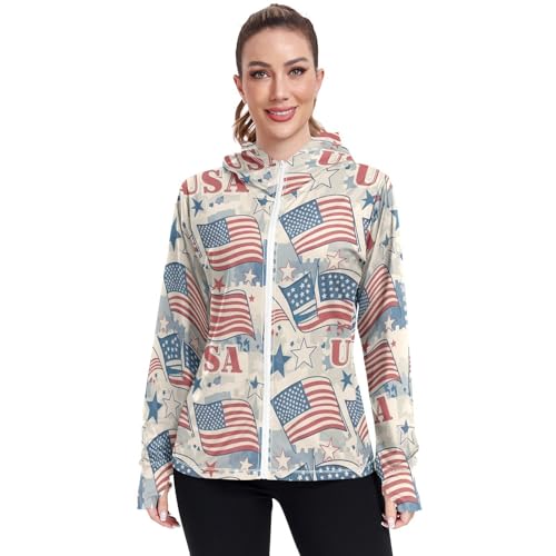 Camisas de protección solar para mujer con capucha de verano y estampado vintage americano