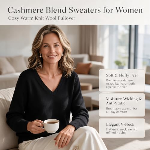 Cashmere Sweaters for Women Cozy Warm Knit Wool Pullover V Neck Sweater - image 5