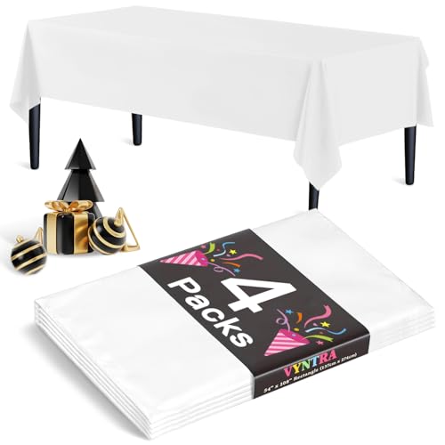 Vyntra Plastic Tablecloths, 4-Pack, 54 x 108 in, Rectangular, White - Disposable Party Table Covers for Wedding, Baptism, Graduation