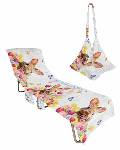 Easter Bunny Tulip Beach Chair Towel Covers for Chaise Lounge With Side Pocket, Soft Plush Pool Towels Cover for Patio Sunbathing Outdoor 29''x85'' Easter Eggs Rabbits Farmhouse Wood