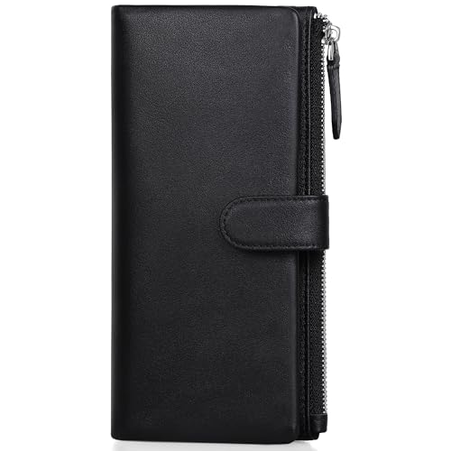 VISOUL Portefeuilles Longs pour Homme à Carreaux avec Poche Zippée, Portefeuille Souple en Cuir Véritable doté de 2 Fenêtres pour ID et 10 Emplacements pour Cartes de Crédit-Noir L21