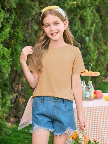 Image of Haloumoning Girls Summer Short Sleeve Shirt Kids Crewneck Curve Hem Soft Tunic Tops T-Shirts 5-14 Years